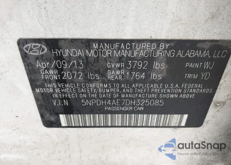 2013 Hyundai Elantra Gls z USA, uszkodzony, nr VIN 5NPDH4AE7DH325085